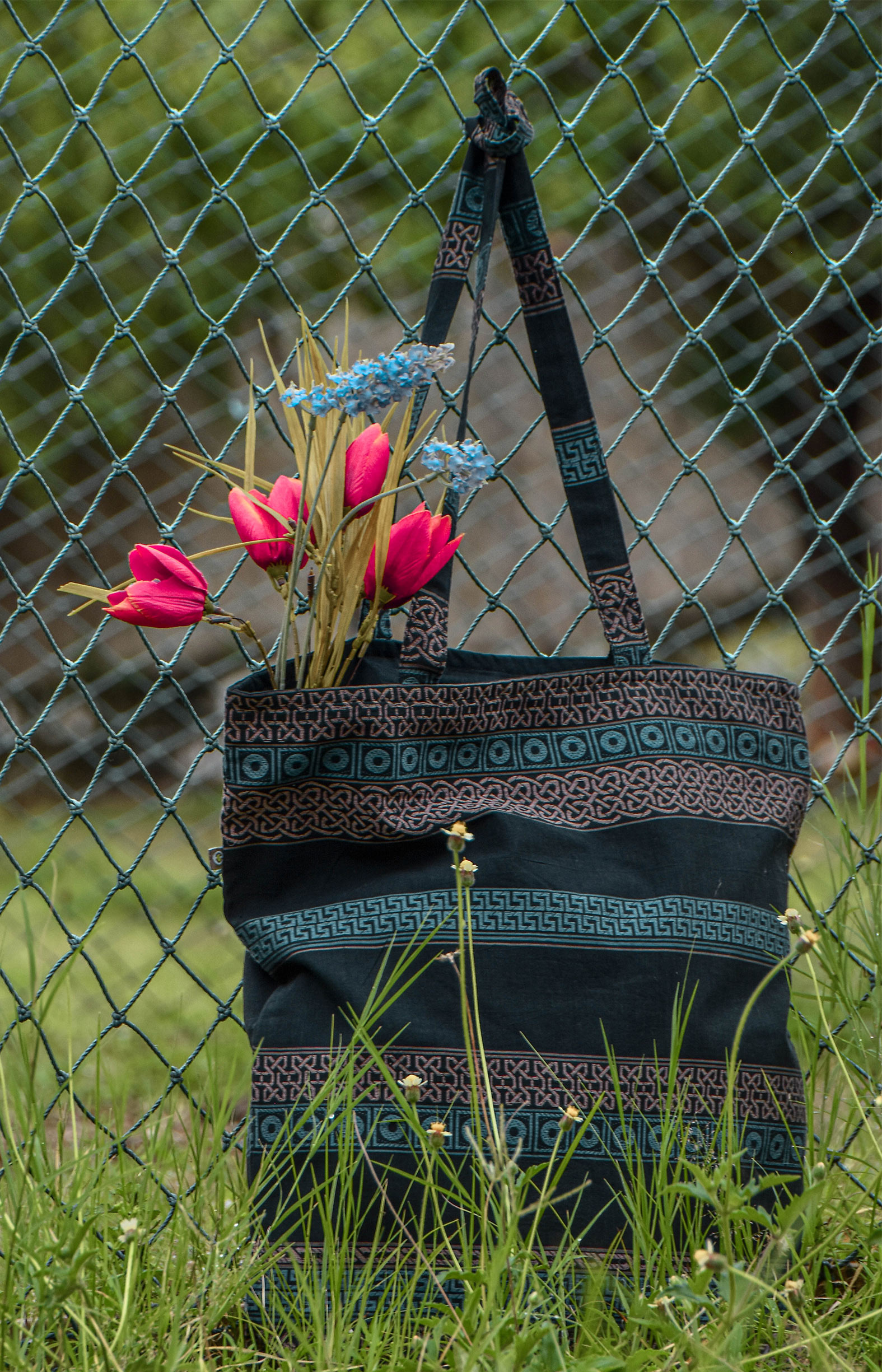 Black,blue and brown Handwoven Organic Cotton Tote Bag  